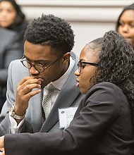 The Great Debaters // Jerry Ruffin and Riqia Taylor strategize before presenting their argument during “The Great Debate” sponsored by The Gloucester Institute Board of Directors and its president, Kay Coles James. Teams of college students who are part of the institute’s Emerging Leaders program debated the question of immigration over two days. 
