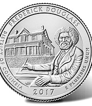 The newest quarter portrays Douglass at a writing desk in the foreground and an outline of his home in Washington, D.C. in the background. Inscriptions include “FREDERICK DOUGLASS,” “DISTRICT OF COLUMBIA,” “2017,” and “E PLURIBUS UNUM.” (image via coinnews.net)
