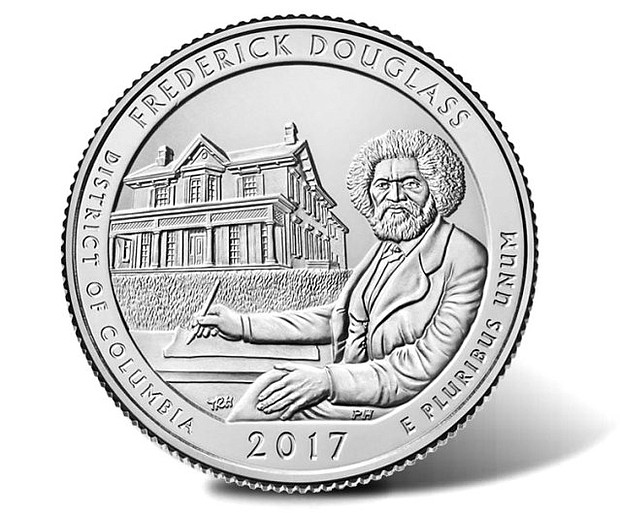 The newest quarter portrays Douglass at a writing desk in the foreground and an outline of his home in Washington, D.C. in the background. Inscriptions include “FREDERICK DOUGLASS,” “DISTRICT OF COLUMBIA,” “2017,” and “E PLURIBUS UNUM.” (image via coinnews.net)