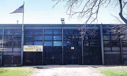 A photo of the main entrance of Walter H. Dyett High School for the Arts in Washington Park taken in 2015.