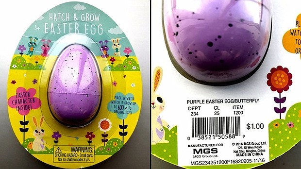 Target is recalling more than 560,000 water-absorbing Easter egg and dinosaur toys due to a "serious ingestion hazard," the US Consumer Product Safety Commission said April 13th, 2017. The recalled products include Hatch & Grow Easter Eggs. SOURCE: Consumer Product Safety Commission