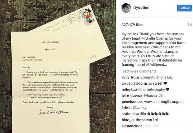 	Actress Lily Collins took to Instagram to express her excitement about receiving a letter from former first lady Michelle Obama on April 17, 2017.