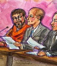 Sketch of alleged kidnapper Tad Cummins, who was in federal court in Sacramento on charges that he kidnapped 15-year-old Elizabeth Thomas.