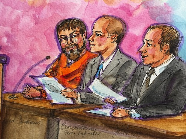 Sketch of alleged kidnapper Tad Cummins, who was in federal court in Sacramento on charges that he kidnapped 15-year-old Elizabeth Thomas.