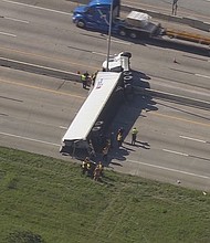 The Baytown Police Department is on the scene of a major accident involving a 18 wheeler that rolled over in the 9500 block of I-10 eastbound between North Main and Sjolander in Baytown.

