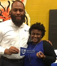 (L to R) Dillard University’s associate admissions director Christopher Stewart and Zariah Nolan, Whitehaven High School senior and future Dillard University Student, taken from Nolan’s Twitter on April 24, 2017. (photo via colorlines.com)