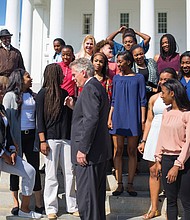 Executive congratulations //
Gov. Terry McAuliffe chats about the Virginia Union University Lady Panthers’ winning formula during the Elite Eight team’s visit last week to the State Capitol. The governor invited the basketball standouts to the Capitol to congratulate them on a winning season. The team went all the way to this year’s NCAA Division II Tournament final, where the Lady Panthers were defeated by Ashland University of Ohio. Coach AnnMarie Gilbert, far right, and the Lady Panthers also toured the Executive Mansion during the April 20 outing. 