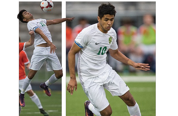 Huguenot High School senior Ricardo “Ricky” Alfaro gets control of the ball and takes it up the field during the Falcons’ game Tuesday against Manchester High School. Huguenot lost 3-2, but Alfaro scored his 10th goal of the season.