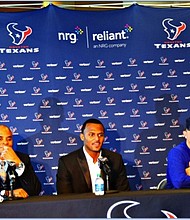 Houston Texans' GM Rick Smith and Head Coach Bill O’Brien with the newest Houston Texans Deshaun Watson