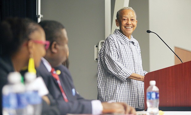 Poet Nikki Giovanni infuses humor in her wide-ranging remarks last Friday at Virginia Union University, where she was the keynote speaker at a daylong conference on undergraduate research.