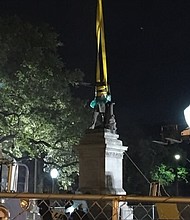 New Orleans Mayor Mitch Landrieu took photographs of the Jefferson Davis statue being removed from its pedestal overnight. The Davis statue was the second of the four monuments to be removed in the Crescent City. Statues of Confederate Generals Robert E. Lee and P.G.T. Beauregard are still standing. The monument commemorating the Battle of Liberty Place was removed April 24, 2017.