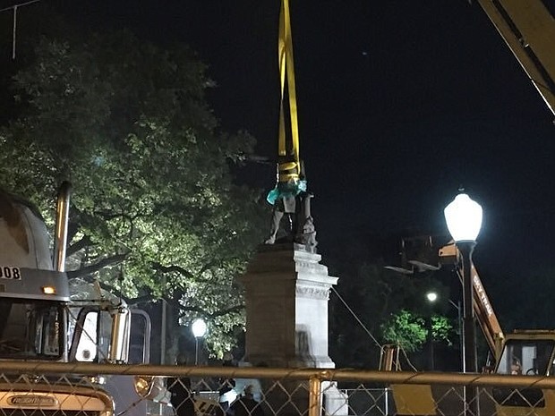 New Orleans Mayor Mitch Landrieu took photographs of the Jefferson Davis statue being removed from its pedestal overnight. The Davis statue was the second of the four monuments to be removed in the Crescent City. Statues of Confederate Generals Robert E. Lee and P.G.T. Beauregard are still standing. The monument commemorating the Battle of Liberty Place was removed April 24, 2017.