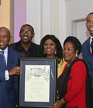 L-R Mayor Sylvester Turner, Dr. Earnest Pugh, Pastor Kim Burrell, Congresswoman Shelia Jackson Lee, & Jonathan Martin of Fox 26 
