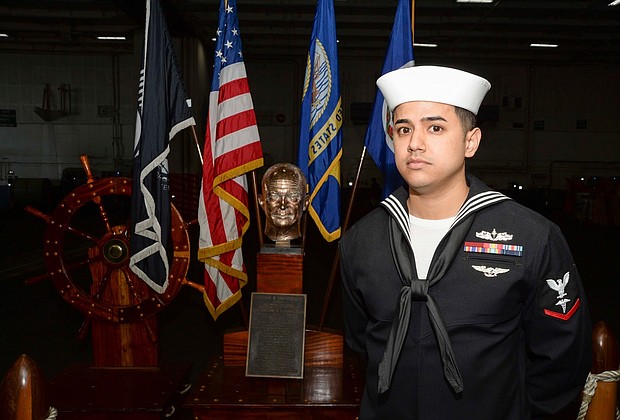 Petty Officer 3rd Class Rosembelt Villanueva is serving on one of the world’s largest warships, the U.S. Navy aircraft carrier USS Dwight D. Eisenhower (CVN 69).