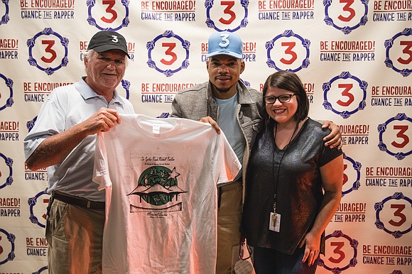 Chance the Rapper and the winning T-shirt design for The Pavilion’s Musical Scores program