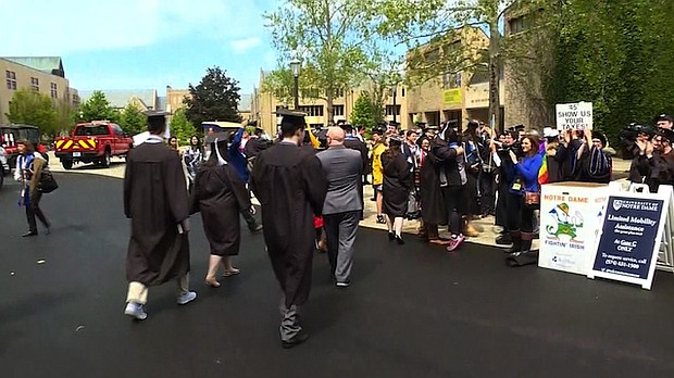 	A group of Notre Dame graduates walked out of their graduation ceremony Sunday in protest against Vice President Mike Pence and his policies. Pence was delivering the commencement speech after receiving an honorary degree from the Catholic university, located in his home state of Indiana.