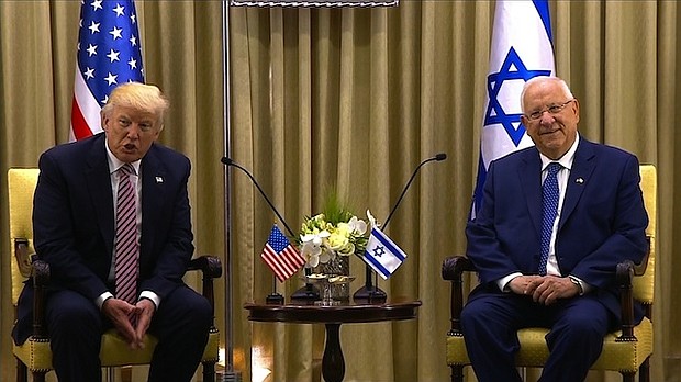 President Donald Trump landed in Israel on Monday, May 22, 2017 for the second leg of his first foreign trip as president where he will tackle the Israeli-Palestinian peace process, address regional security issues and reaffirm the US' commitment to its alliance with Israel. Here he is seen with Israeli President Reuven Rivlin