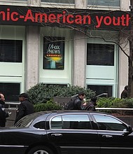 An exterior shot of the News Corporation building in New York, home to Fox News Channel.