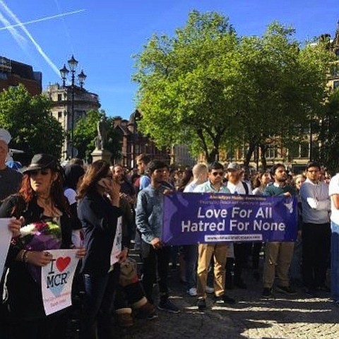 Muslim youth show support for Manchester Arena attack victims at the Baitul Futuh Mosque in London on May 23, 2017.