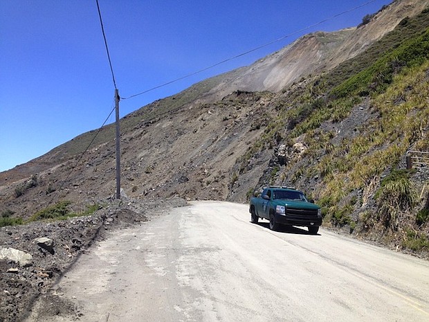 The California Department of Transportation (CALTRANS) took these photographs of a massive mudslide that covered this section of State Route 1 Saturday night. CALTRANS estimates that over a million tons of rock and dirt fell down the slope, extending over 1,500 feet of road and continuing down to the ocean floor below. Authorities do not have an estimate when the section of road will re-open.
