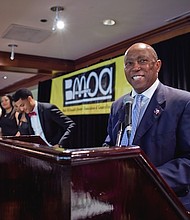 Mayor Sylvester Turner speaking at the 2017 RMHC-AAFA Scholarship Luncheon at The Houstonian Hotel_Photo courtesy of MOAGH