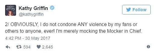 Kathy Griffin is defending herself after drawing fierce criticism for participating in a photo shoot that featured her holding up a bloody head resembling President Donald Trump. Griffin tweeted "OBVIOUSLY, I do not condone ANY violence by my fans or others to anyone, ever!" Griffin wrote on Twitter. "I'm merely mocking the Mocker in Chief."