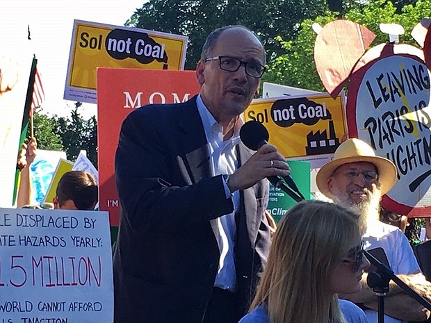 DNC Char Tom Perez at a rally protesting the U.S. withdrawing from the Paris climate agreement on June 1, 2017.
