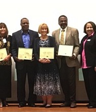 Bonita Gambrell, President Omicron Tau Omega Chapter; Chris Bell, Spring ISD Cathy M. Arellano Klein ISD; Charles Cunningham, Humble ISD; Darcy Ann Maingola, Cypress ISD and Paul Shanklin Aldine ISD; Justine Durant, Event Chairman, AJ Jones, Moderator and Kelly P. Hodges Connection Committee Chairman, Omicron Tau Omega Chapter