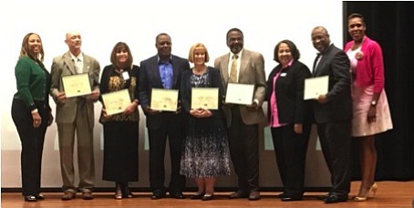 Bonita Gambrell, President Omicron Tau Omega Chapter; Chris Bell, Spring ISD Cathy M. Arellano Klein ISD; Charles Cunningham, Humble ISD; Darcy Ann Maingola, Cypress ISD and Paul Shanklin Aldine ISD; Justine Durant, Event Chairman, AJ Jones, Moderator and Kelly P. Hodges Connection Committee Chairman, Omicron Tau Omega Chapter
