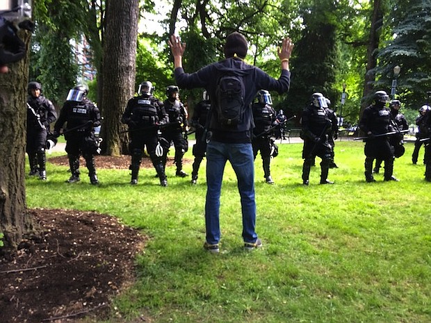 	Portland police closed a park in downtown deploying pepper spray during protests in Portland, Oregon on Sunday, June 4, 2017.