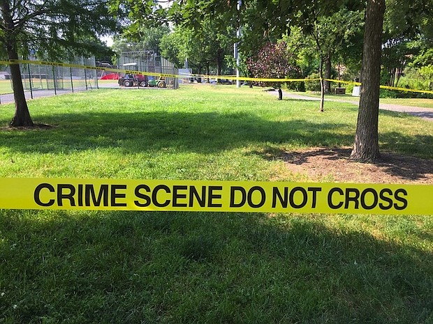 	A picture taken by local resident Gene D'Andrea shows baseball equipment left on the field where this morning's shooting took place. The field is now blocked off by police.