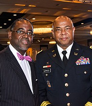 Brigadier General Ural Glanville congratulates Marvin Dickerson, the national President of the 100 Black Men of America, and Inc. on their 60th National Convention. General Glanville said “We are here (U.S. Army) because the Army shares the same mission as the 100 Black Men of America. Preparing our youth to be the next generation of leaders. Personally, I enjoy mentoring young people and what I see here is an organization that cares about the youth and values education.”