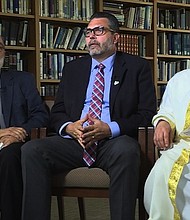 The three clergymen leading congregations participating in the Tri-Faith Initiative are (L-R) Temple Israel Rabbi Emeritus Aryeh Azriel, Countryside Community Church Senior Minister Eric Elnes, and American Muslim Institute Imam Mohamad Jamal Daoudi.