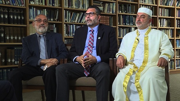 The three clergymen leading congregations participating in the Tri-Faith Initiative are (L-R) Temple Israel Rabbi Emeritus Aryeh Azriel, Countryside Community Church Senior Minister Eric Elnes, and American Muslim Institute Imam Mohamad Jamal Daoudi.