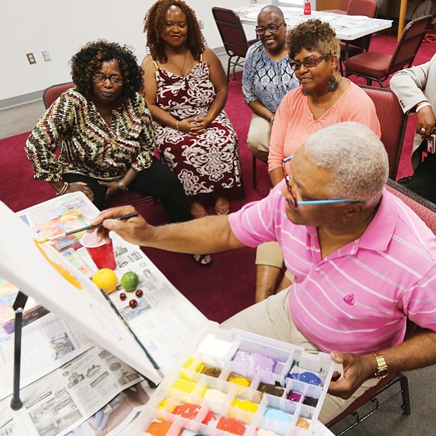 Regina H. Boone/Richmond Free Press
Spiritual practice
Veteran Virginia State University art educator and artist Eugene R. Vango of Petersburg demonstrates the basics of portrait still life painting with Footlights, a spiritually based program for women military veterans from Richmond’s Hunter Holmes McGuire Veterans Administration Medical Center. They are, from left, Renette Rawlings, Kimberly Winn, Felicia Moore, Cheryl Moses and Dianne Butts. Led by chaplain Brenda Phillips, the vets were investigating painting as a spiritual practice during a field trip with Mr. Vango at the L. Douglas Wilder Library and Learning Resource Center at Virginia Union University. It was the culminating activity of Footlights’ 10-week session. Another session begins Sept. 14. 