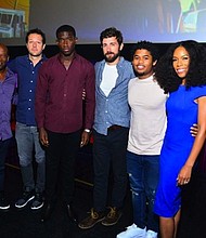 John Singleton, Dave Andron, Damson Idris, Carter Hudson, Isaiah John and Angela Lewis pause for a group photo in Atlanta