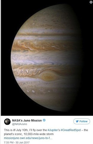 Juno, NASA's spacecraft orbiting Jupiter, will fly directly over the planet's iconic Great Red Spot, a 10,000-mile-wide (16,000-kilometer-wide) storm.