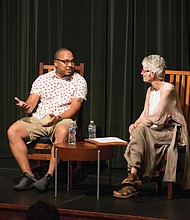 Photo courtesy of Odd Moxie //
Chef Jerome Grant, executive chef of Sweet Home Café in the National Museum of African-American History and Culture in Washington, talks about his culinary background and his work at the museum restaurant with Fredrika Teute of the Williamsburg Farmers Market during a presentation July 7 at the Williamsburg Regional Library. 
