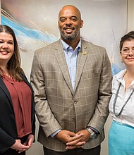  Houston Urban Debate League Chair Heather Hatfield, Harris County School Superintendent James Colbert Jr., and CASE for Kids Director Lisa Thompson-Caruthers at the July 18 HCDE Board of Trustees meeting.