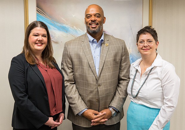  Houston Urban Debate League Chair Heather Hatfield, Harris County School Superintendent James Colbert Jr., and CASE for Kids Director Lisa Thompson-Caruthers at the July 18 HCDE Board of Trustees meeting.