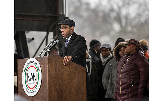 The Rev. Cornell William Brooks, NAACP president and CEO, speaks at the We Shall Not Be Moved Rally in Washington on Jan. 14, 2017.