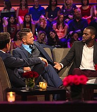 	One contestant found himself on the hot seat on Monday night during "The Bachelorette 2017: The Men Tell All." Pictured is Chris Harrison (left), Lee Garrett (middle) and Josiah Graham.