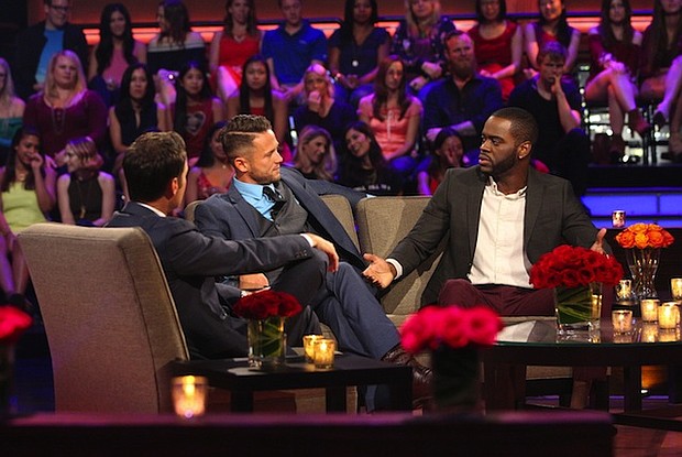 	One contestant found himself on the hot seat on Monday night during "The Bachelorette 2017: The Men Tell All." Pictured is Chris Harrison (left), Lee Garrett (middle) and Josiah Graham.