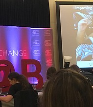 Rice University graduate student Pelham Keahey presents the case for BiliSpec, a jaundice diagnostic device, at the seventh annual DevelopmentXChange event for Saving Lives at Birth: A Grand Challenge for Development in Washington, D.C. (Credit: Meaghan Bond/Rice University)