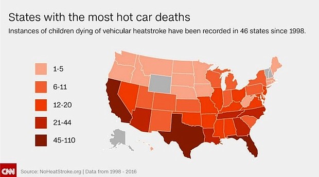 	This graphic shows hot car deaths in 2016 across the nation.