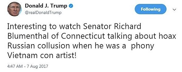 Connecticut Sen. Richard Blumenthal called President Donald Trump out on Twitter for "bullying" after a Twitter attack from the President …