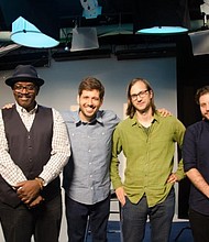  (right) In the recording studio with Fab 5 Freddy (From L to R: Perla, Fab, Kevin, Ryan, Pedro)
