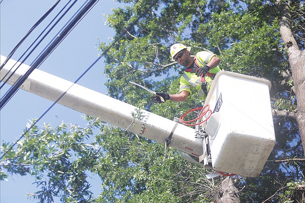 Cityscape // Tree pruning is now underway to help protect power lines throughout the city. Left, Ron Branch, a lift foreman, is among the workers removing branches that could knock down lines in a storm. He is an employee of Pennsylvania-based Asplundh Tree Expert Co., one of the private contractors Dominion Energy has hired to do the work. Asplundh general foreman David Fox describes the work as “regular maintenance to help keep customers’ lights on.”
 