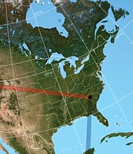 The red line shows the path of totality through the United States, while the yellow orbs show how much of the sun will be visible as the eclipse progresses.