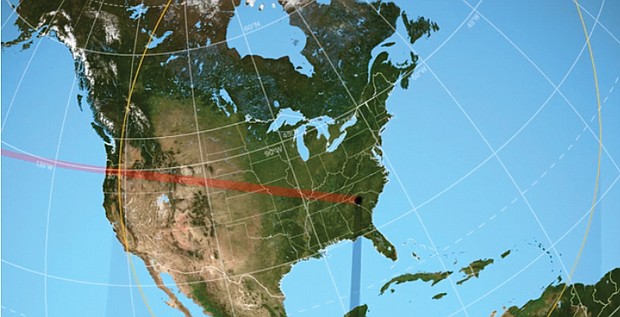 The red line shows the path of totality through the United States, while the yellow orbs show how much of the sun will be visible as the eclipse progresses.